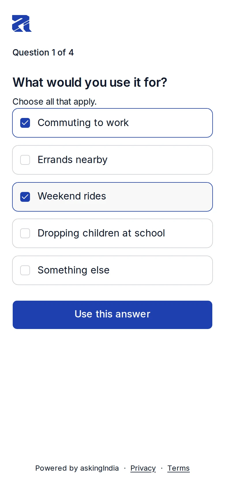 A respondent's phone screen: question 1 of 4, “What would you use it for?”, choose all that apply, with “Commuting to work” and “Weekend rides” ticked among five options. Example data.